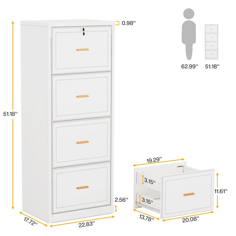 Four-Drawer Vertical File Cabinet with Lock - Office Document Organizer, Heavy Duty, White