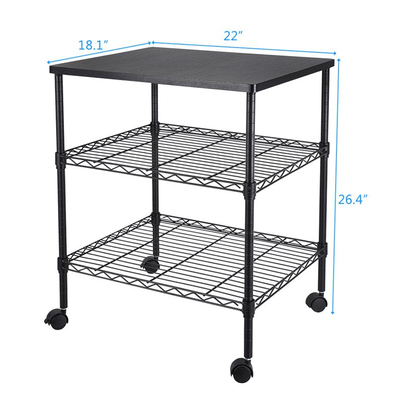 3-Shelf Metal File Cart with Wheels - Office Storage & Mobile Printer Stand