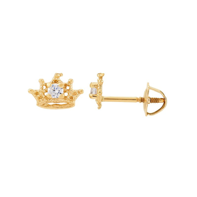 Girls Cubic Zirconia Crown Earrings in 10K Yellow Gold - Princess Style Jewelry