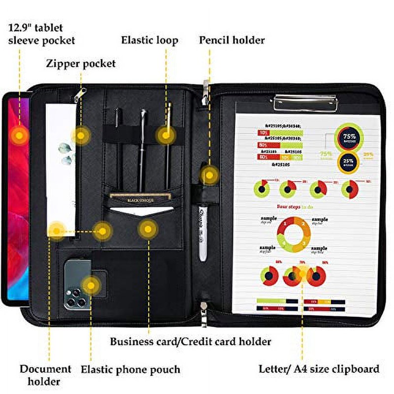 Leather Portfolio Binder with Zipper Notepad and Tablet Sleeve - Business Organizer