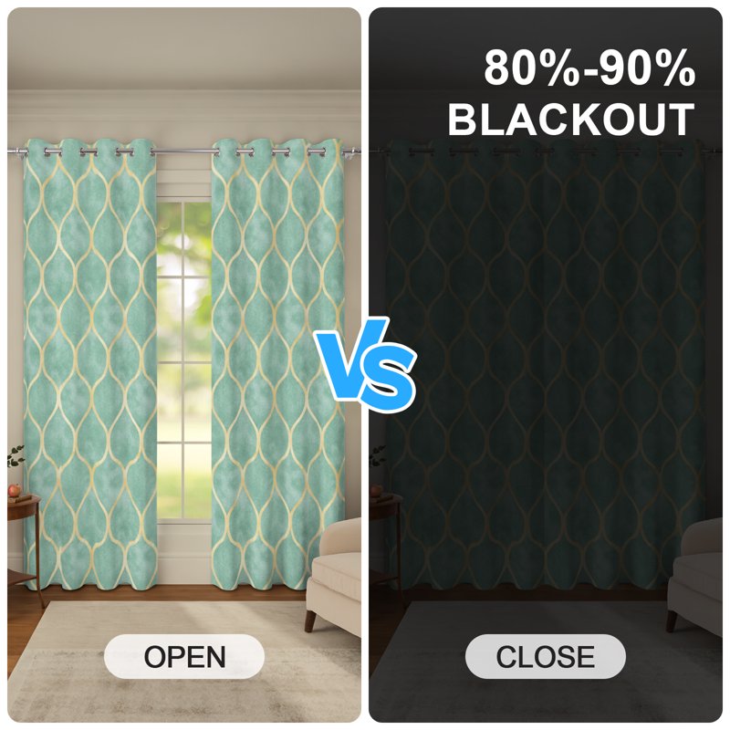 Blackout Curtains with Gold Geometric Design - Insulated Room Darkening Drapes