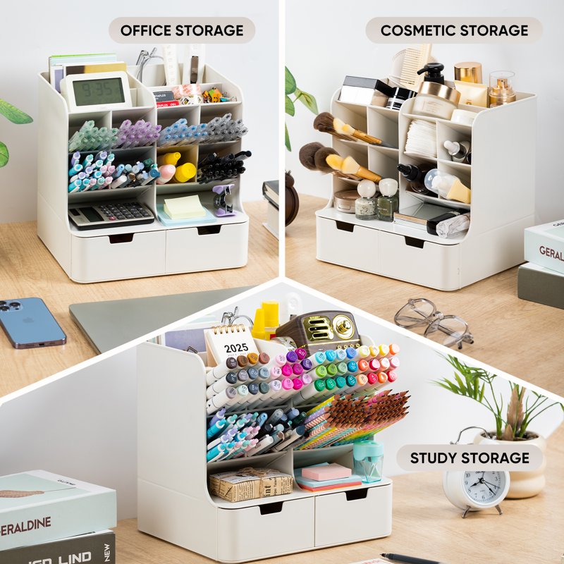 Tall Plastic Desk Organizer with Drawers & Compartments - Office & Home Storage
