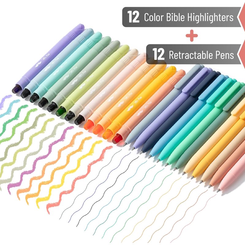 Bible Highlighter and Gel Pen Set, 24 Pack – No Bleed, Serene Colors