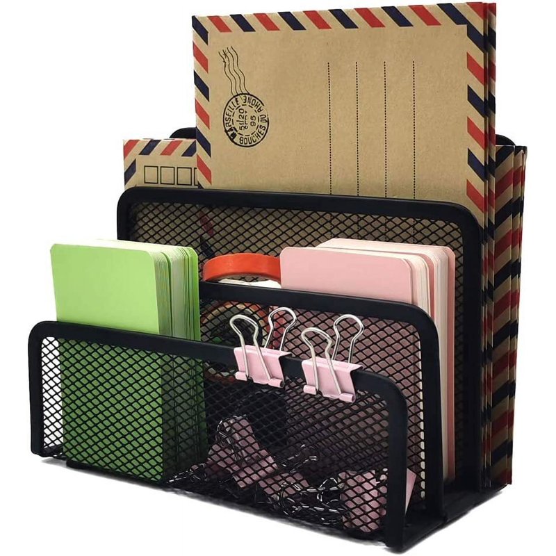 2 Pack Metal Mesh Desk Folder Holders with 3 Vertical Compartments - Office Organizer
