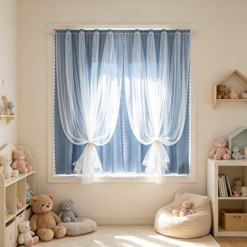 Double Layer Blackout Curtains Set of 2 with Sheer Overlay - Room Darkening, Thermal Insulated, Grommet Top, 47x54 Inches - Sky Blue