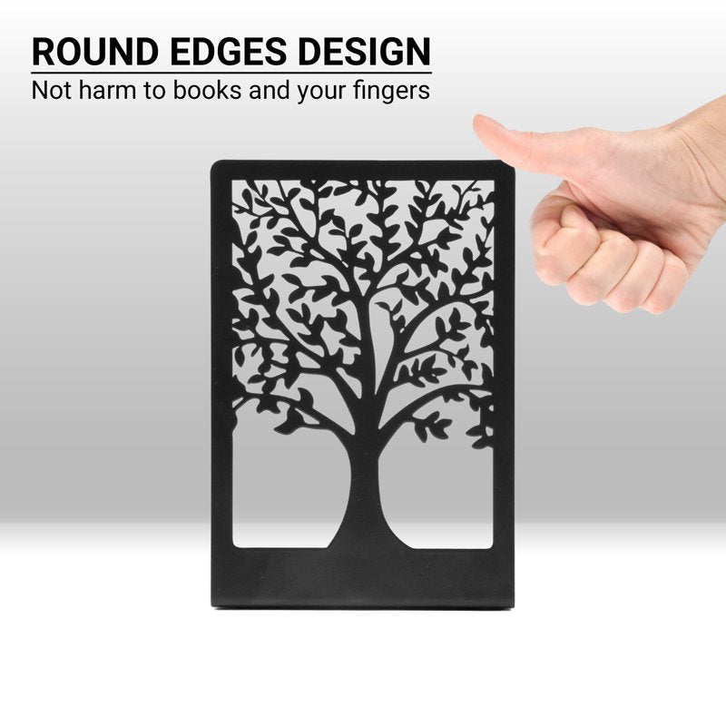 Modern Metal Bookends for Shelves - Tree & Bird Design, Heavy-Duty & Decorative