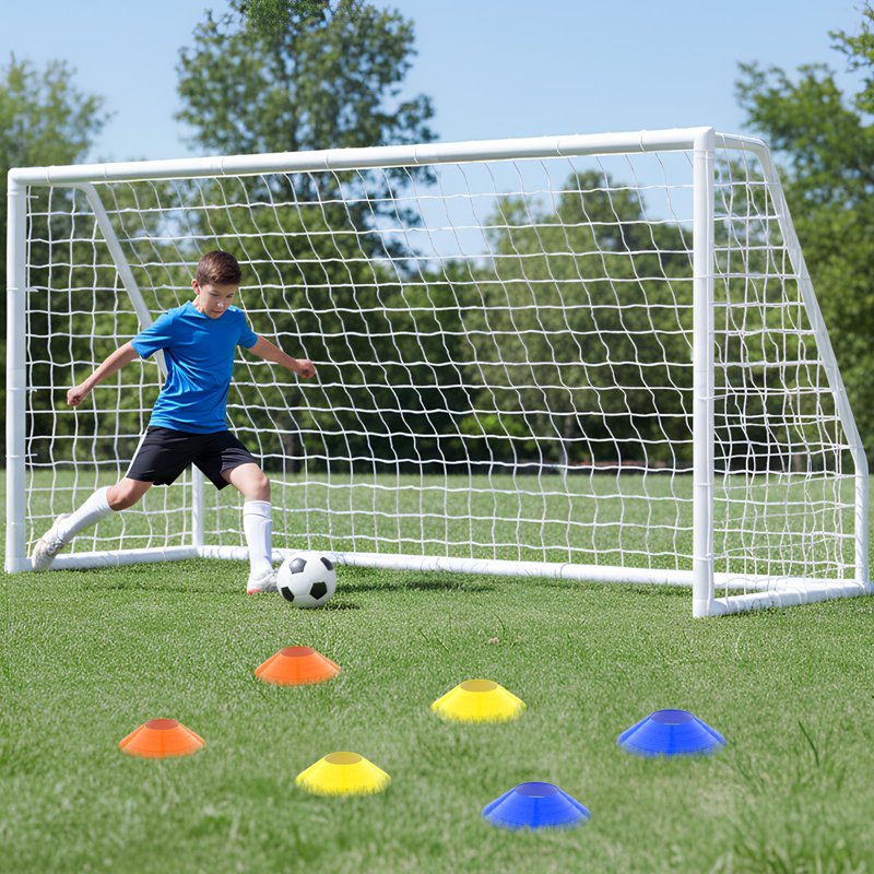 SLSY 12ft Soccer Goal - White Non-Folding 12x6 Backyard Training Net + Ground Pegs