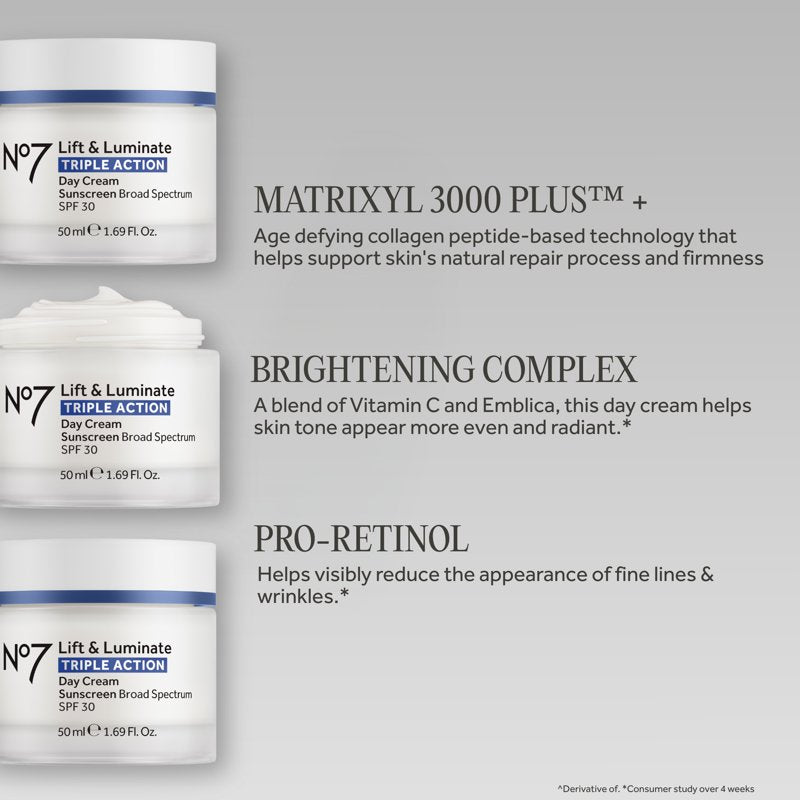 No7 Lift & Luminate Day Cream SPF 30 - Brightening Anti-Aging Moisturizer 1.69 fl oz