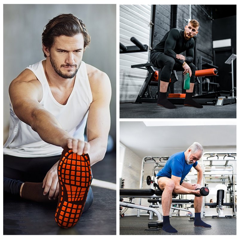 Men Non-Slip Socks 3 Pairs Anti-Skid Grips for Yoga Pilates Gym Shoes 04 Black+Coffee+Navy Blue