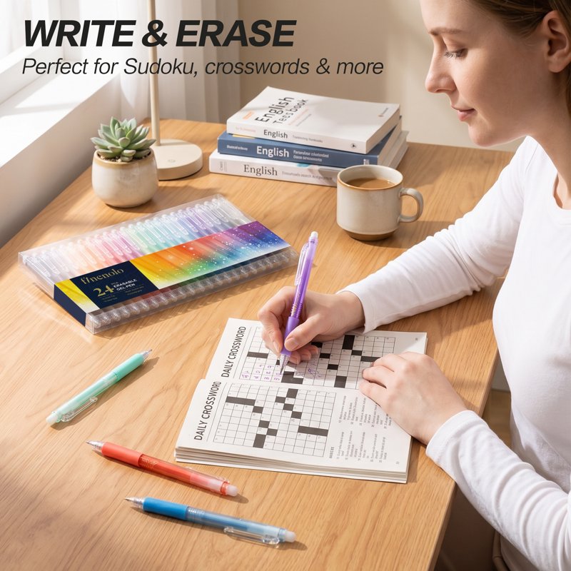 Erasable Gel Pens Set - 24 Assorted Fine Point Retractable Pens with Erasers