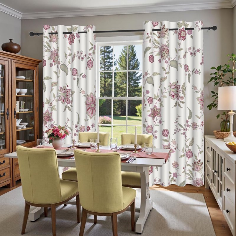 Boho Pink Floral Blackout Curtains 52x96 Inches Room Darkening Grommet Drapes - 2 Panels