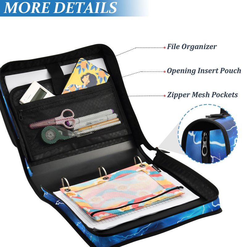 Zipper Binder File Folder Organizer Bag with Multiple Pockets and 3-Ring Ring, Blue Lightning