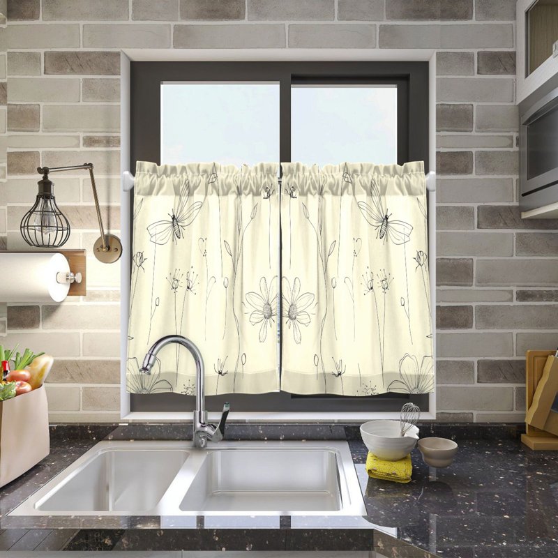 Floral & Insect Pattern Kitchen Tier Curtains Set - Light Filtering Privacy