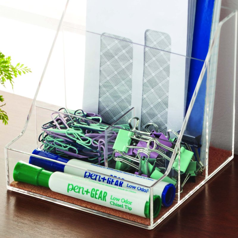 Acrylic Cork Desktop Organizer with 4 Compartments - Clear Office Storage