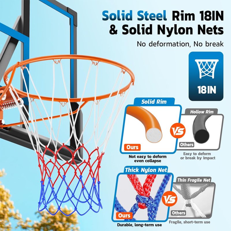 Portable Basketball Hoop with 46-Inch Backboard, Adjustable Height, Steel Rim