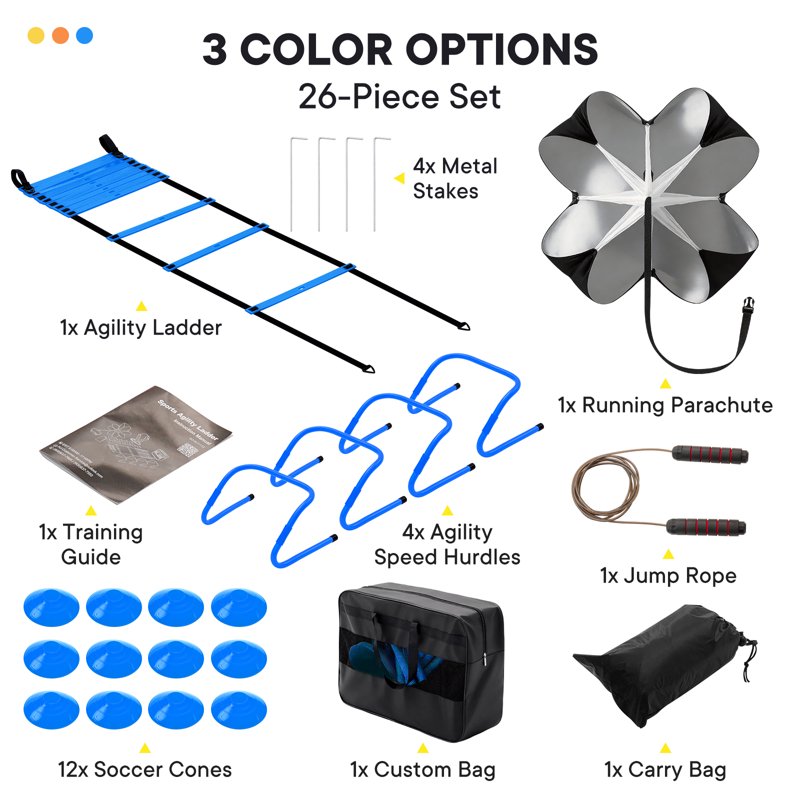 SHOUFTW Agility Ladder Training Set with Speed Parachute, Hurdles, Cones, Jump Rope - Blue