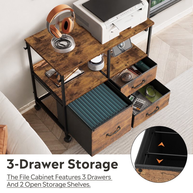 3 Drawer File Cabinet with Charging Station and Storage Shelves for Home Office