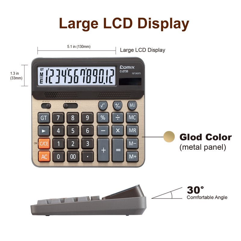 Desktop Calculator with Large Keys 12 Digit Display - Gold, White, Blue, Gray