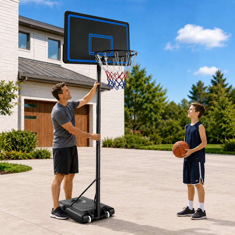 Weatherproof Portable Basketball System with Adjustable Height and Impact-Resistant Backboard
