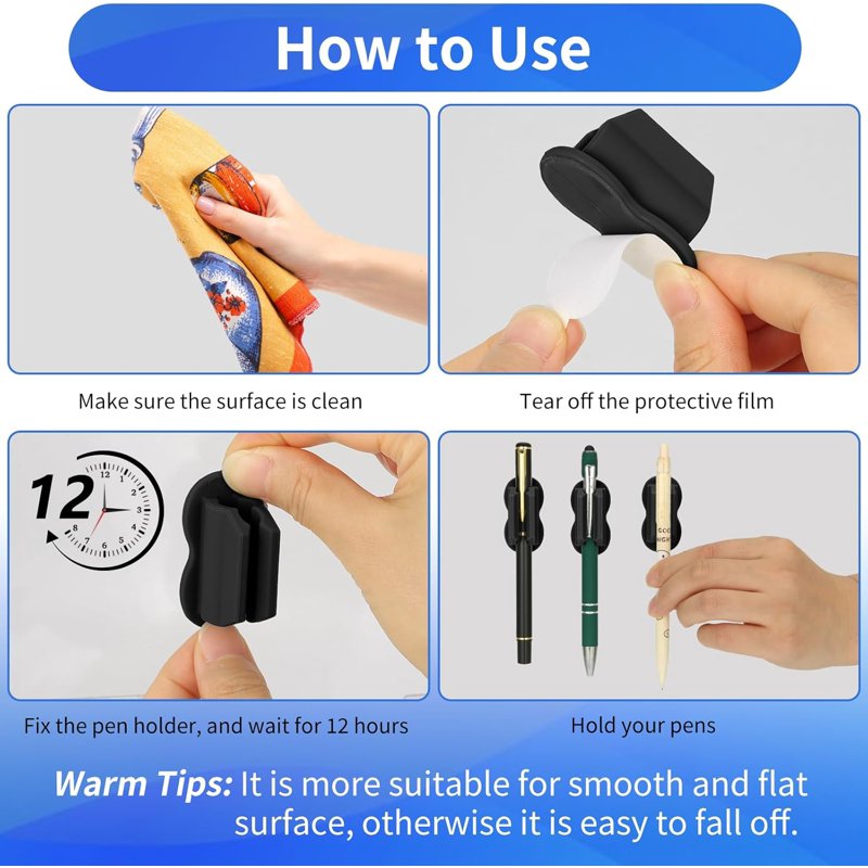 12-Pack Desk Pen Holder Organizer with Adhesive Silicone Wall Clip for Office & Classroom