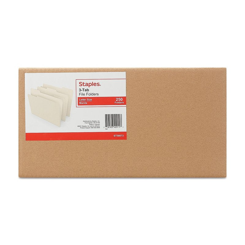 3-Tab Letter-Size Manila File Folders - Assorted Positions, 250 Pack