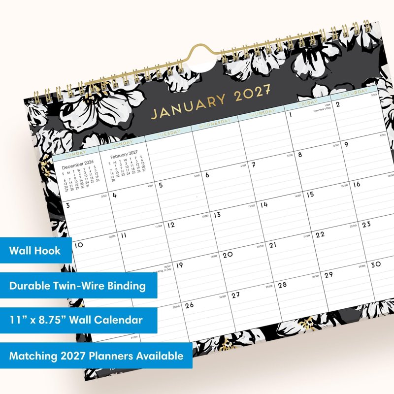 2027 Monthly Wall Calendar - Durable Twin Wire Binding, 11x8.75 Inches, Office & Home Use