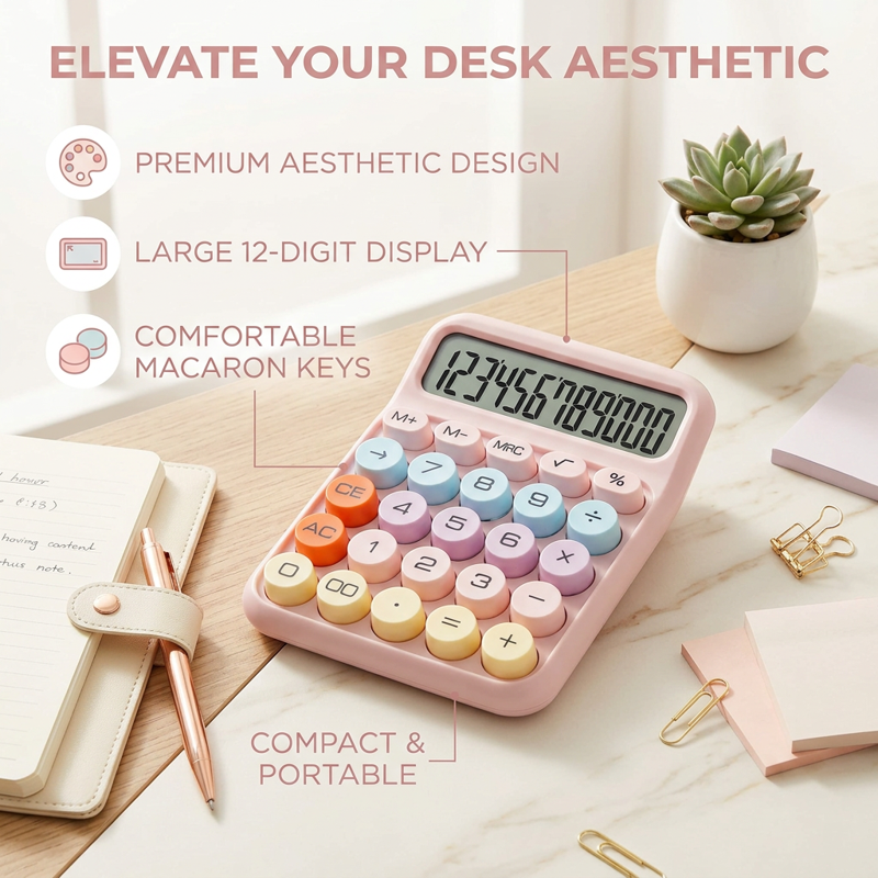 Pink Mechanical Switch Calculator with Large LCD Display & Big Buttons – Desktop Office & Classroom Use