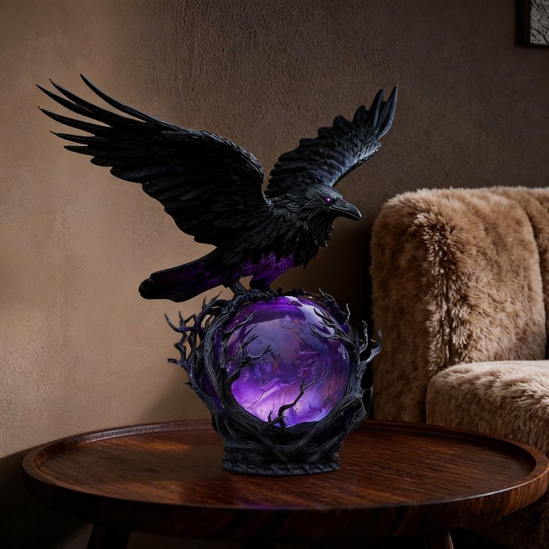 Gothic Raven Night Light Sculpture with Glowing Orb - Dark Academia Indoor Decor