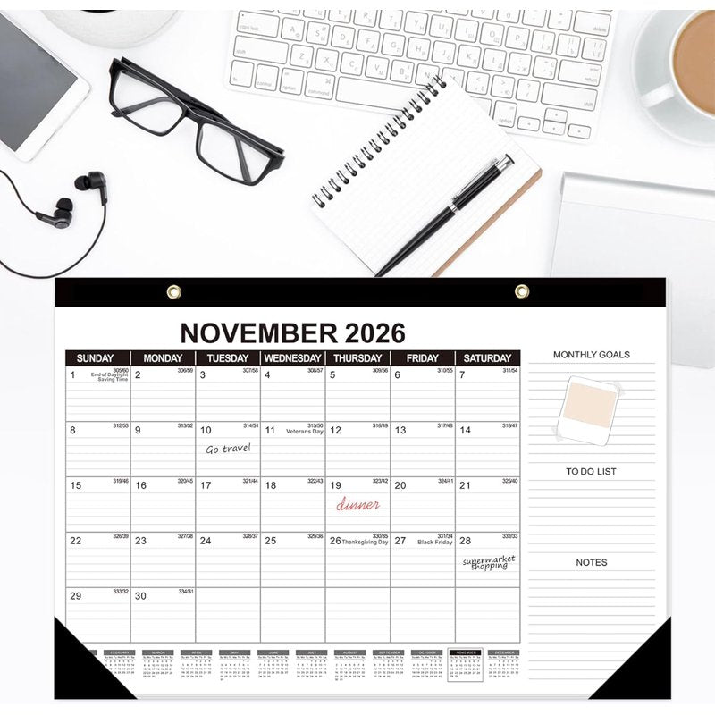 Desk Calendar 2026-2027, 17 x 11.5 in, 18-Month Jul 2026-Dec 2027, Julian Date, Monthly Goals & Notes – Includes Notes Variation