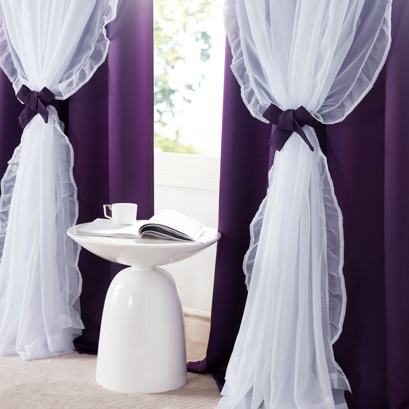 Kids Room Blackout Curtains with Sheer Ruffle Layer - Double Panel Thermal Insulated