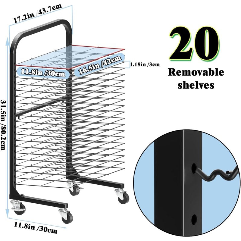 20-Tier Metal Art Drying Rack with Lockable Wheels, Space-Saving & Mobile