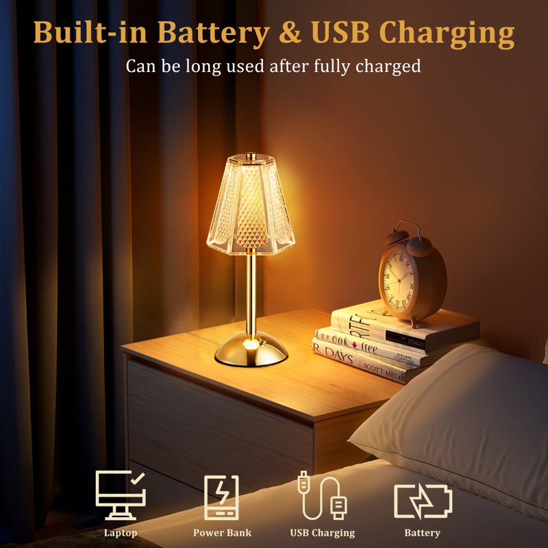 Wireless Dimmable LED Crystal Table Lamp with Touch Control - Rechargeable Night Light for Bedroom Living Room Kitchen