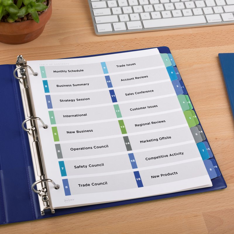 Double Column Binder Dividers with 16 Tabs, Multi-Color, Ready Index