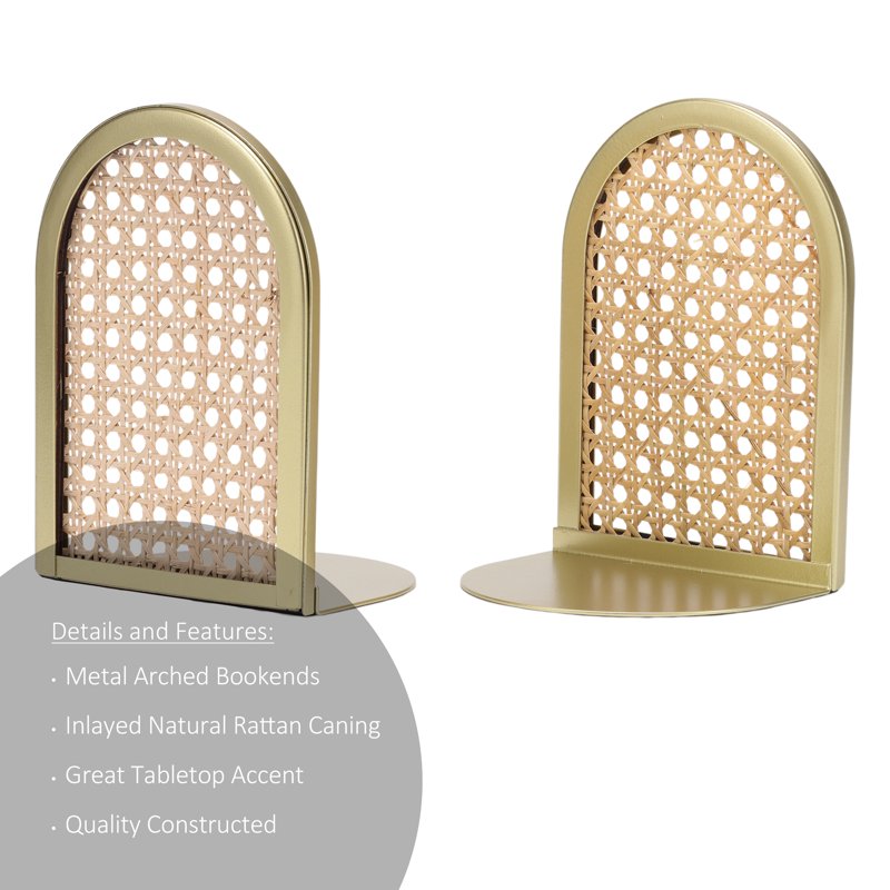 Gold and Natural Rattan Bookends - Decorative Tabletop Accent for Home