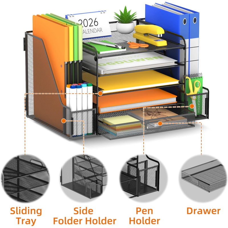 Mesh Desk Organizer with File Holder 5-Tier Letter Tray & Drawer - Multi Color