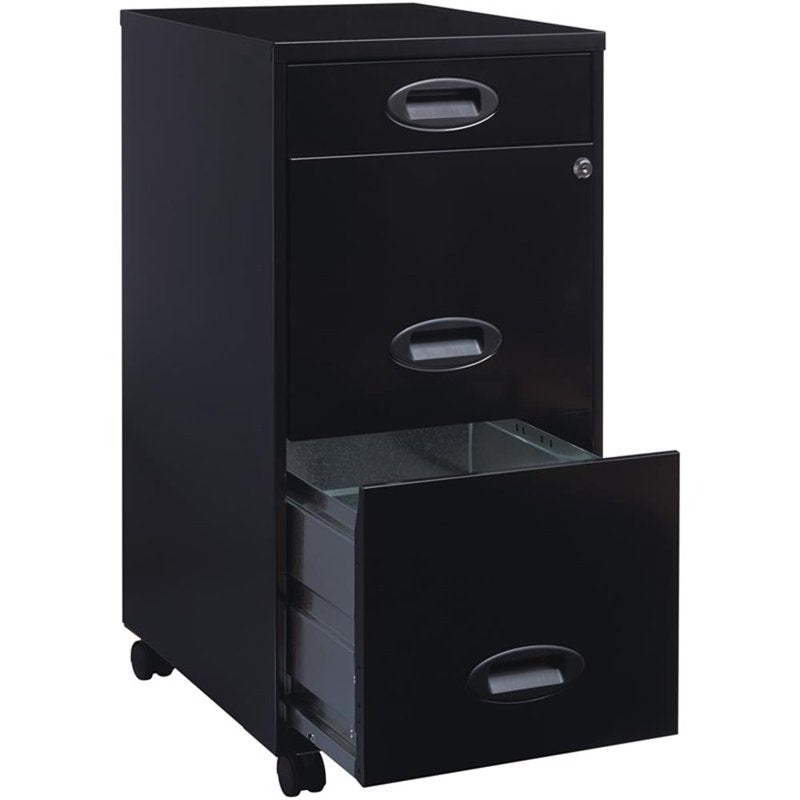 Mobile 3-Drawer Steel File Cabinet with Lock - Black Office Storage
