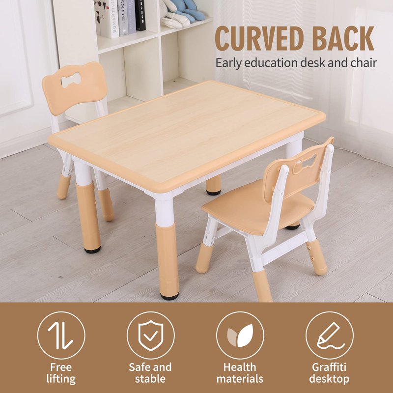 Kids Table and Chair Set with Adjustable Height - Safe Rounded Edges, Easy Wipe Surface
