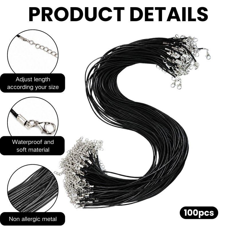 Bulk Leather Necklace Cord with Clasps - 100 Black 20 Inch Jewelry Making Supplies