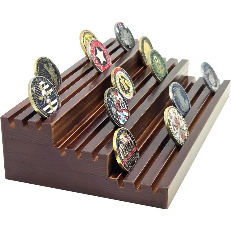 Wooden Challenge Coin Display Stand - Holds 45-60 Coins, 9 Rows Collector Display