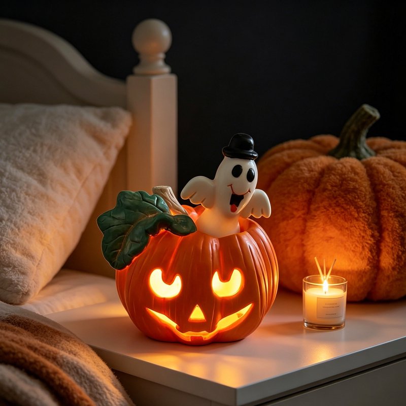 Vintage Hand Painted Lighted Pumpkin with Ghost – Cute Top Hat Lantern Night Light