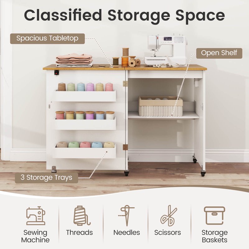 Folding Sewing Table with Storage Bins & Charging Station - Portable Craft Desk