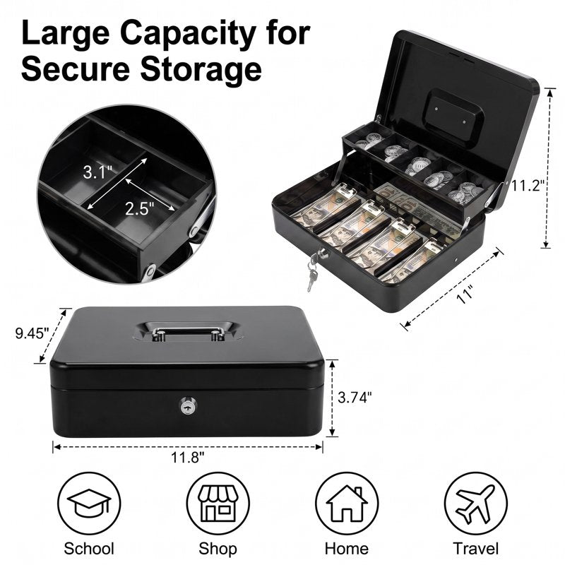 Large Metal Cash Box with Lock and Coin Tray, Portable Organizer