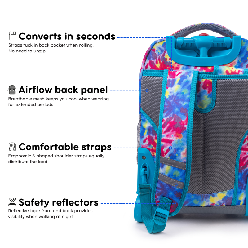 Unisex 18-Inch Rolling Backpack for School & Travel - Tie Dye