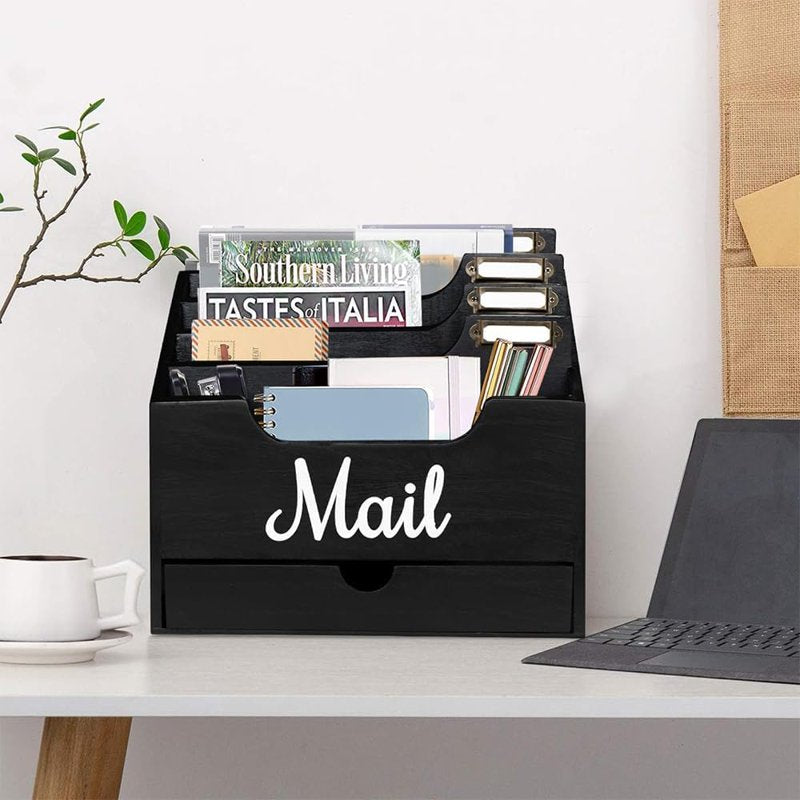 Wood Desktop Mail Organizer with 4 Compartments and Drawer - Office & Home Storage