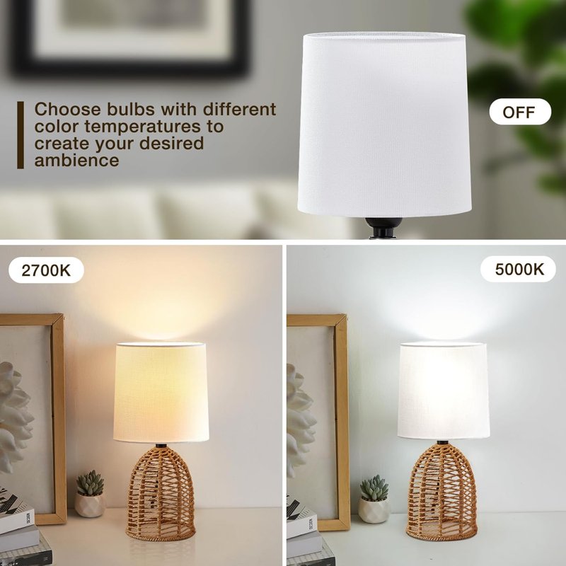 Set of 2 Rattan Boho Table Lamps - Small Farmhouse Nightstand Decor