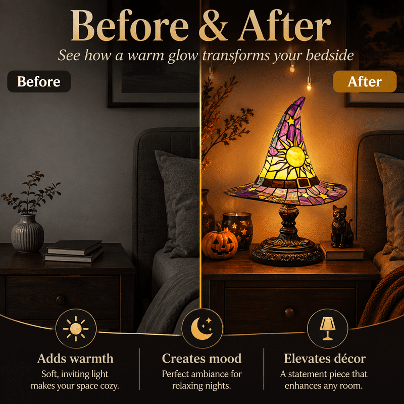 Gothic Stained Glass Witch Hat Lamp Halloween Night Light Decor - 12 Inch