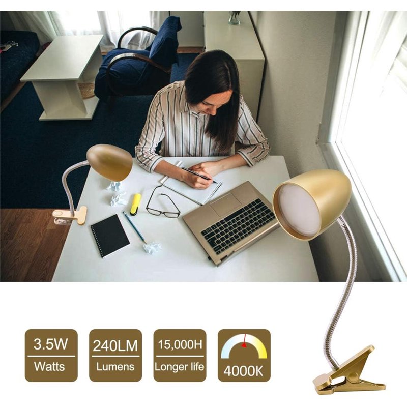 11-Inch LED Desk Lamp with 3.5W Cool White Light, Gold Finish, Clip-On