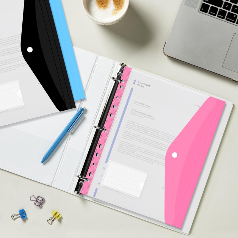 12 Pack Plastic Binder Folders with Snap Button & Label Pockets - Waterproof A4 Document Holders for Office & School