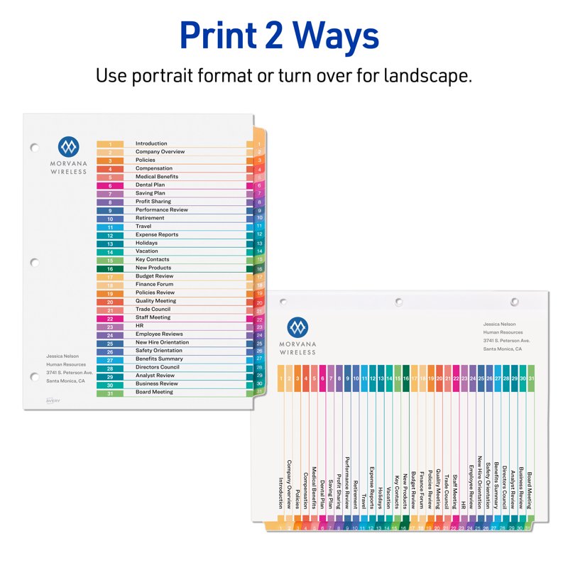 Office Binder Dividers with Tabs and Printable Table of Contents - 6 Sets of 31
