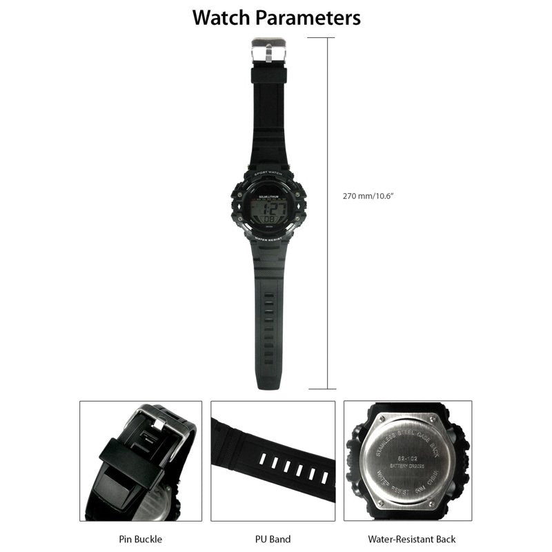 Men's Solar Digital Wristwatch with Water Resistance and Stopwatch